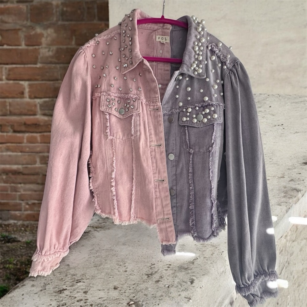 POL Pink and Gray Jean Jacket with Pearl Accents